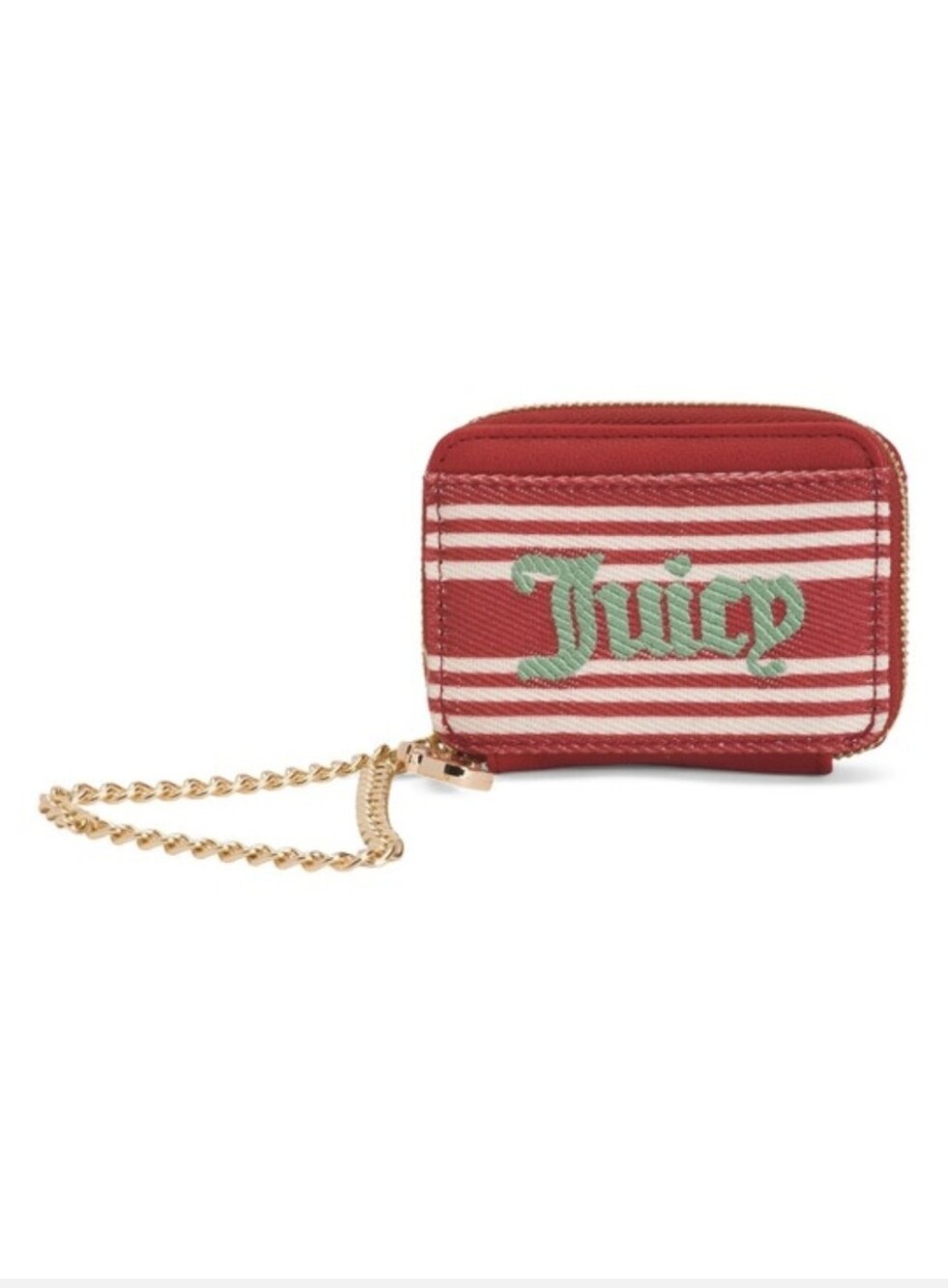 Juicy Couture Red, White & Mint Embroidered Stripe Card Wallet with Gold Chain